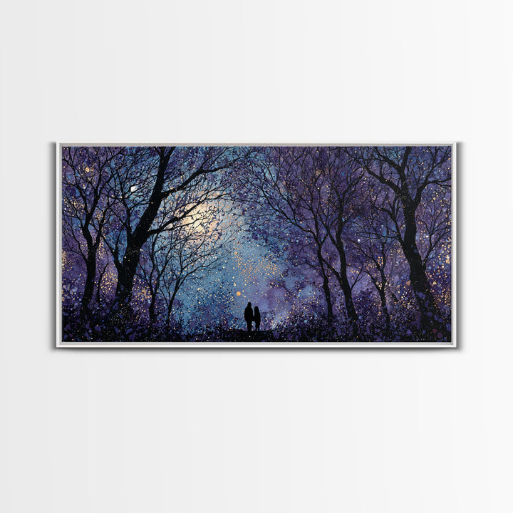 Couple Silhouette Beneath Moonlit Trees Framed Canvas Print, Wedding Art, Luxury Decor, Living Room Decor, Fine Art, Romance, WED-2x1-1