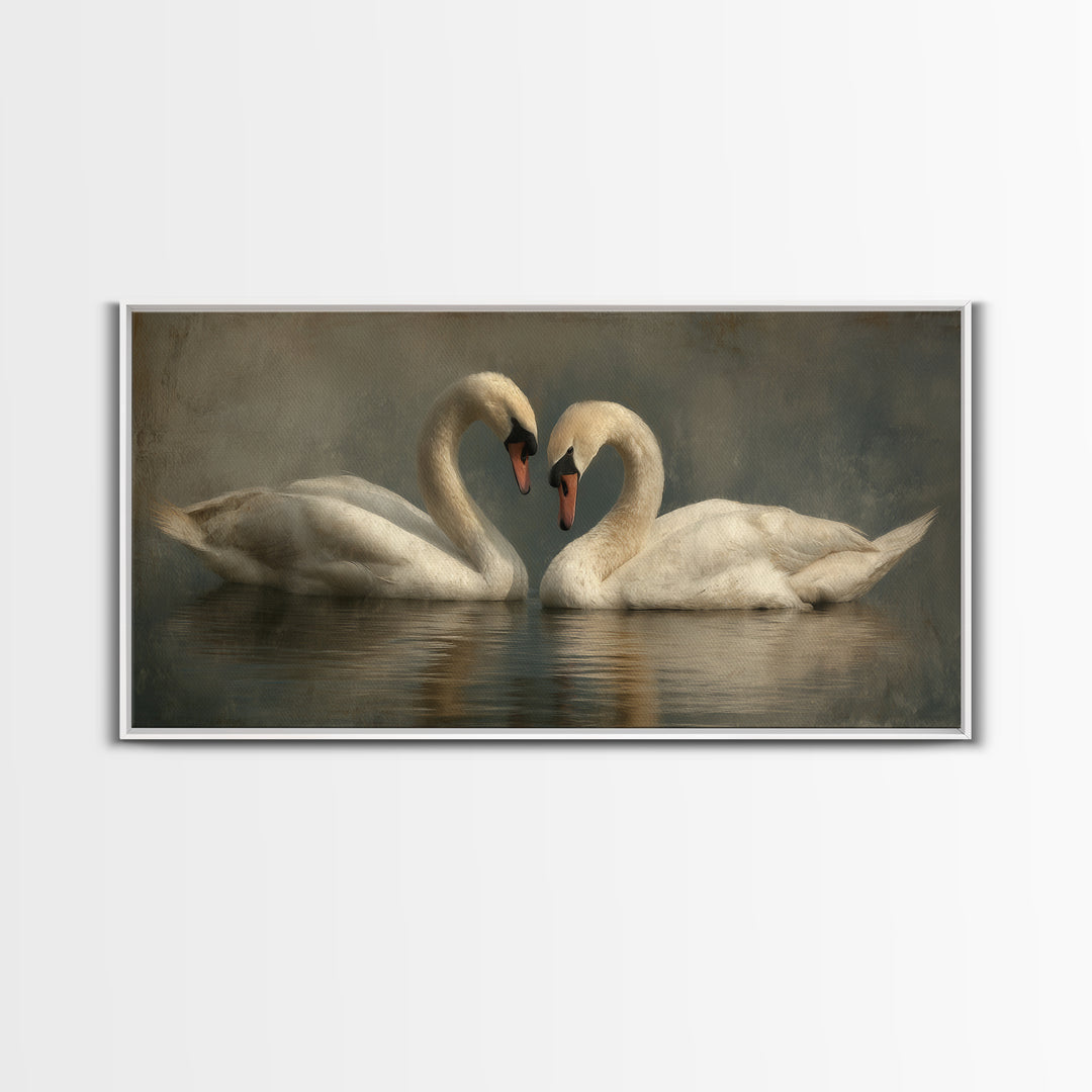 Two Swans Forming a Heart on Dark Canvas Print, Wedding Art, Gallery Decor, Living Room Decor, Fine Art, Romance, WED-2x1-22