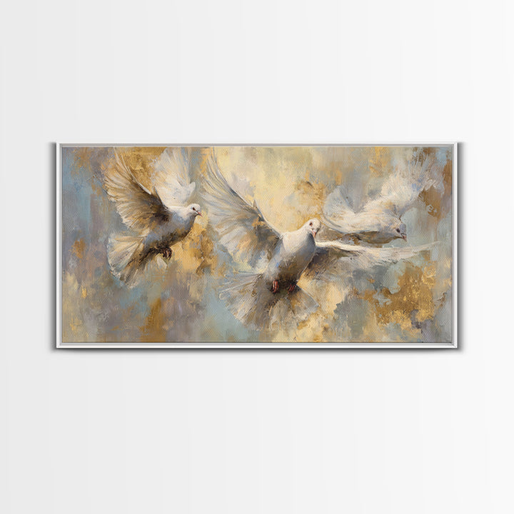 Doves Flying Through Soft Golden Light Canvas Print, Wedding Art, Art Print, Living Room Decor, Romance, Downloadable Art, WED-2x1-31