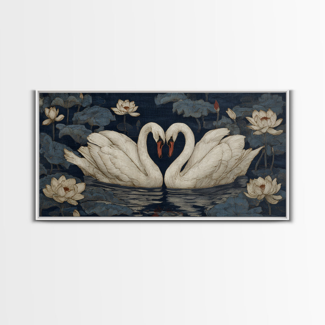 Two Swans Forming a Heart on Dark Framed Canvas Print, Wedding Art, Boho Decor, Living Room Decor, Fine Art, Romance, WED-2x1-46
