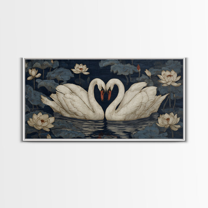 Two Swans Forming a Heart on Dark Framed Canvas Print, Wedding Art, Boho Decor, Living Room Decor, Fine Art, Romance, WED-2x1-46