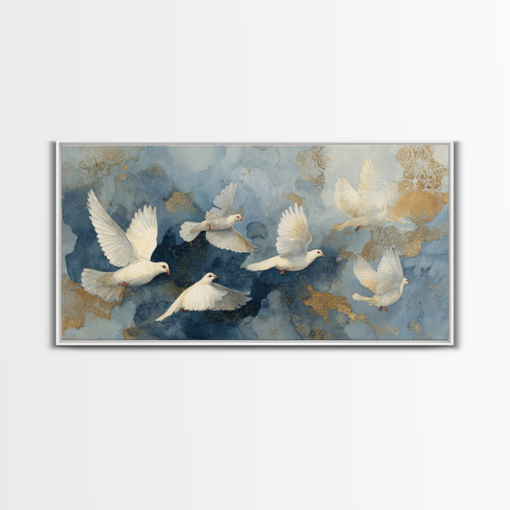 Doves Flying Through Soft Golden Light Framed Canvas Print, Wedding Art, Custom Painting, Living Room Decor, Fine Art, Romance, WED-2x1-55