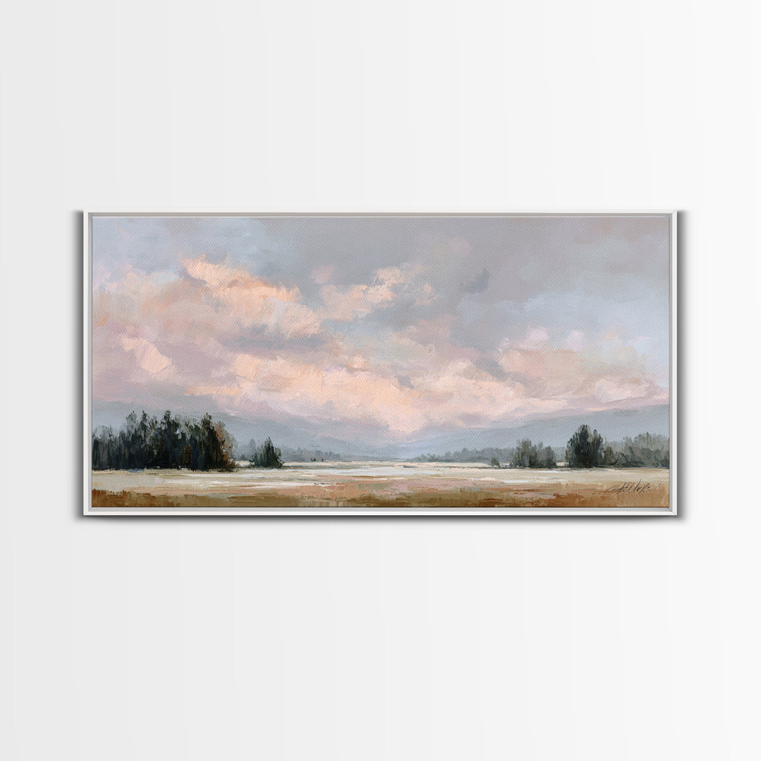 Blush Cloudscape with Dreamy Atmosphere Framed Canvas Print, Wedding Art, Downloadable Art, Living Room Decor, Watercolor Art, WED-2x1-59
