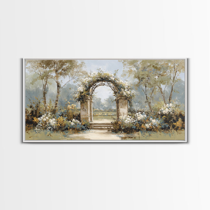 Romantic Garden Arch Covered Framed Canvas Print, Wedding Art, Neutral Decor, Living Room Decor, Oil Painting, Romance, WED-2x1-6