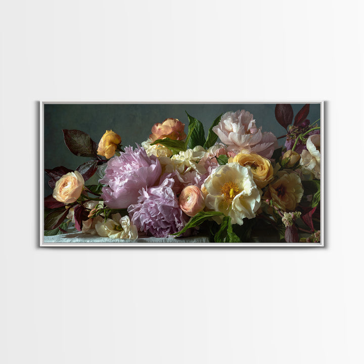 Peony and Ranunculus Bouquet Canvas Print, Wedding Art, Wedding Guest Book, Living Room Decor, Romance, Rustic Wedding, WED-2x1-64
