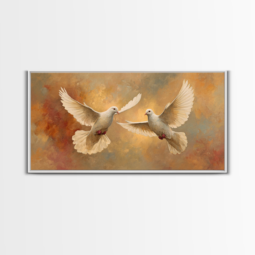 Doves Flying Through Soft Golden Light Framed Canvas Print, Wedding Art, Contemporary Art, Living Room Decor, Fine Art, Romance, WED-2x1-7