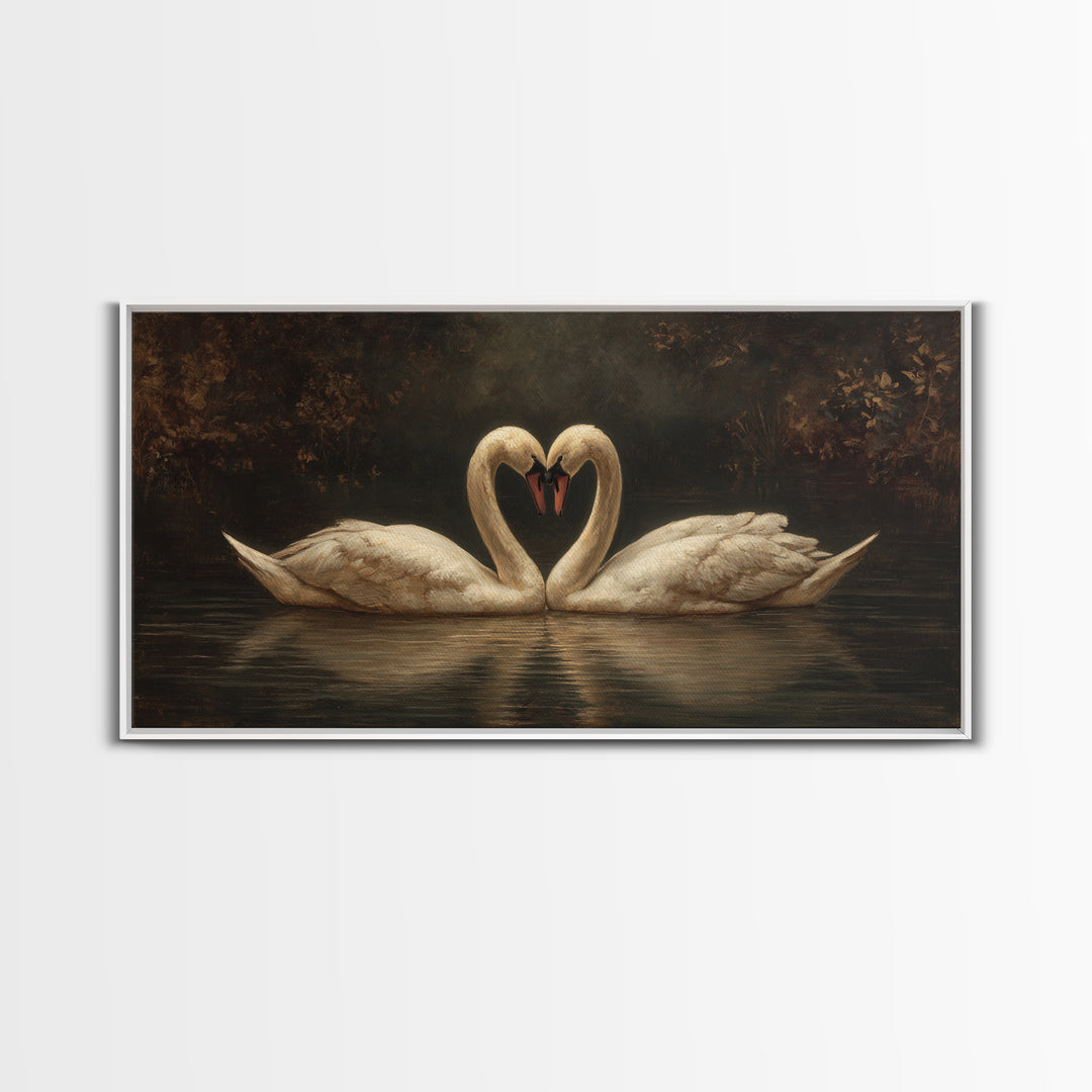 Two Swans Forming a Heart on Dark Canvas Print, Wedding Art, Minimalist Decor, Living Room Decor, Romance, Custom Painting, WED-2x1-70