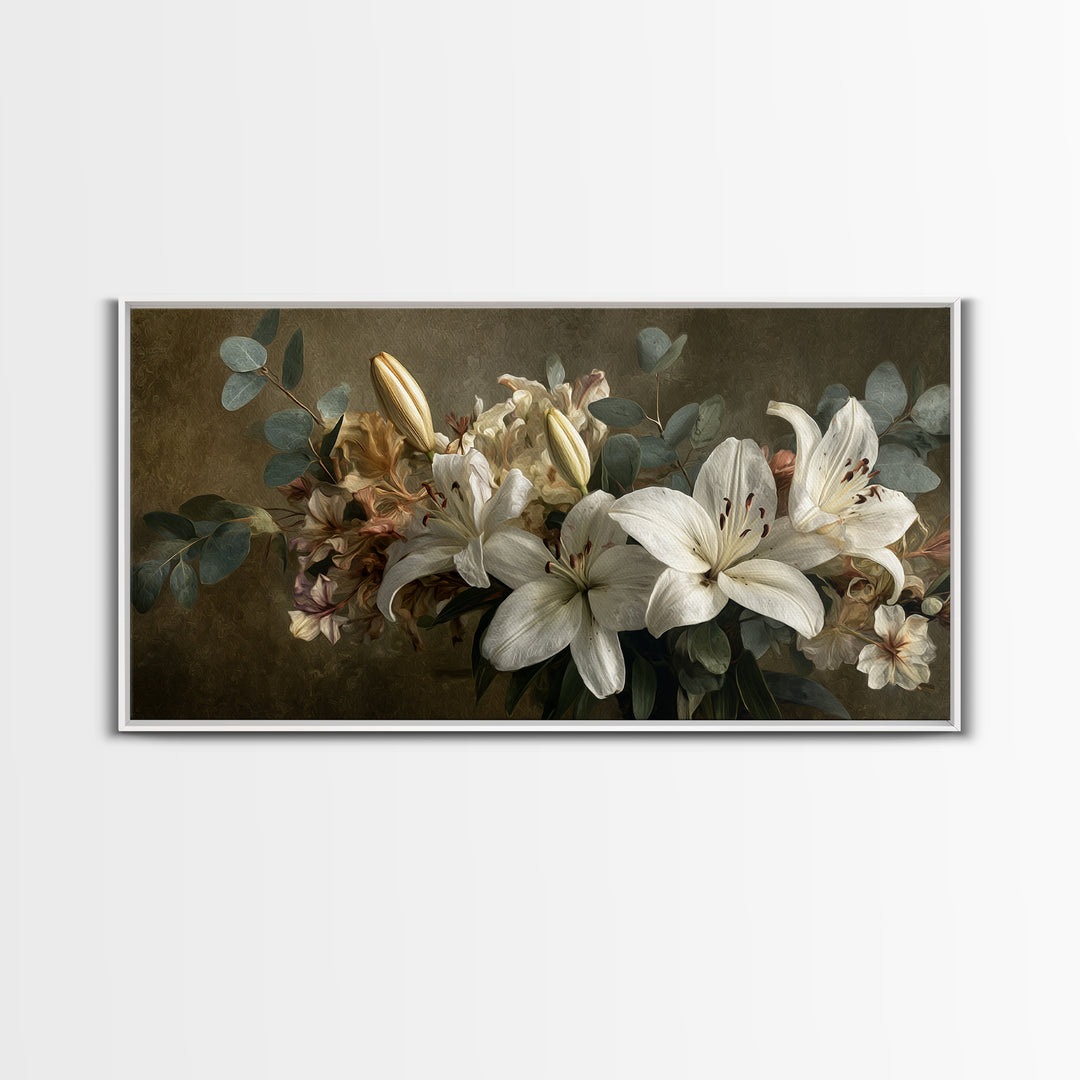 White Lilies and Eucalyptus Arrangement Canvas Print, Wedding Art, Wedding, Living Room Decor, Oil Painting, Romance, WED-2x1-77
