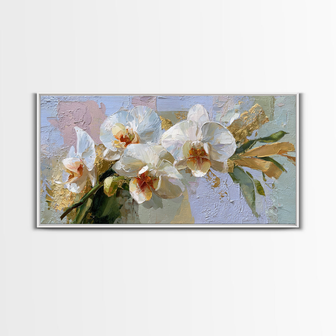 White Orchid and Gold Ribbon Composition Framed Canvas Print, Wedding Art, Custom Wedding Gift, Living Room Decor, Oil Painting, WED-2x1-92