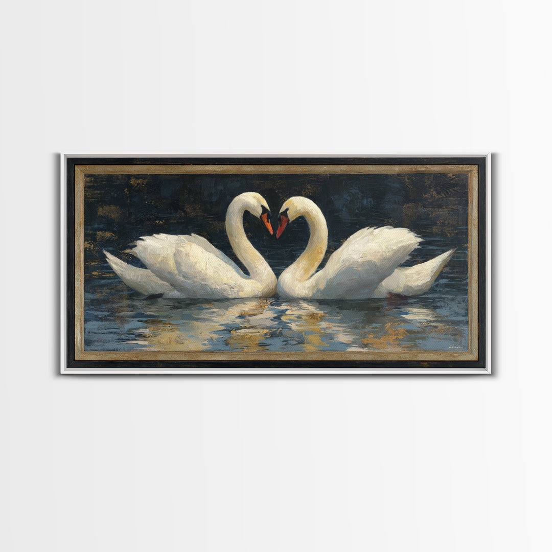 Two Swans Forming a Heart on Dark Canvas Print, Wedding Art, Minimalist Decor, Living Room Decor, Romance, Custom Painting, WED-2x1-94