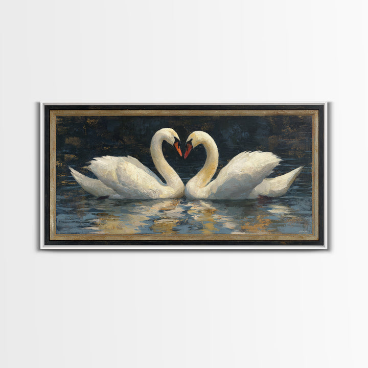 Two Swans Forming a Heart on Dark Canvas Print, Wedding Art, Minimalist Decor, Living Room Decor, Romance, Custom Painting, WED-2x1-94