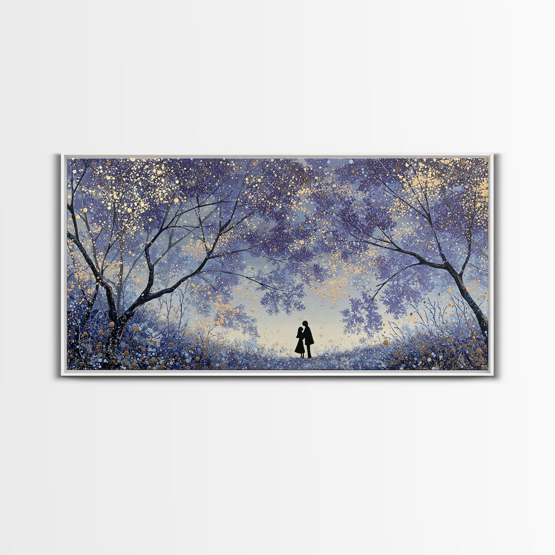 Couple Silhouette Beneath Moonlit Trees Framed Canvas Print, Wedding Art, Wedding Guest Book, Living Room Decor, Romance, WED-2x1-97
