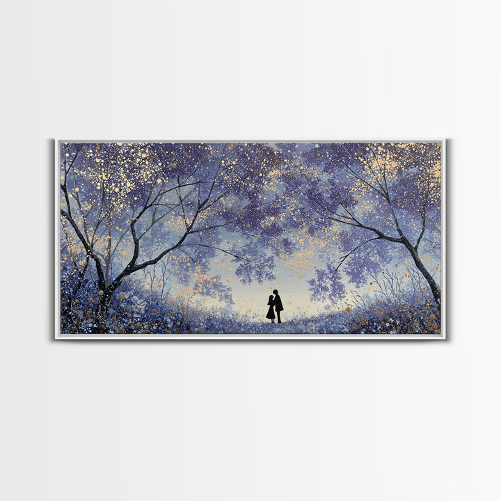 Couple Silhouette Beneath Moonlit Trees Framed Canvas Print, Wedding Art, Wedding Guest Book, Living Room Decor, Romance, WED-2x1-97