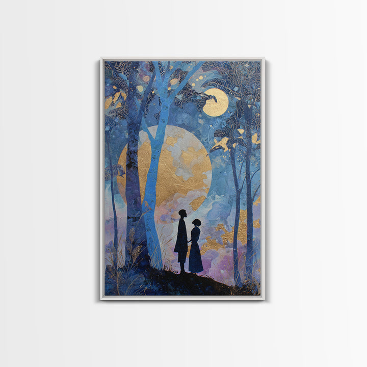 Couple Silhouette Beneath Moonlit Trees Framed Canvas Print, Wedding Art, Room Decor, Living Room Decor, Fine Art, Romance, WED-2x3-13