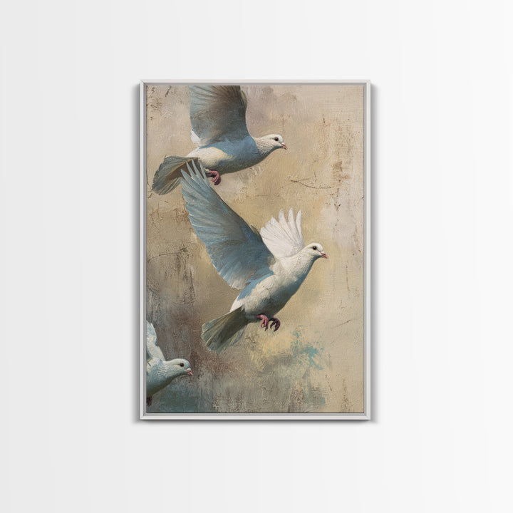 Doves Flying Through Soft Golden Light Framed Canvas Print, Wedding Art, Bride and Groom, Living Room Decor, Fine Art, Romance, WED-2x3-19