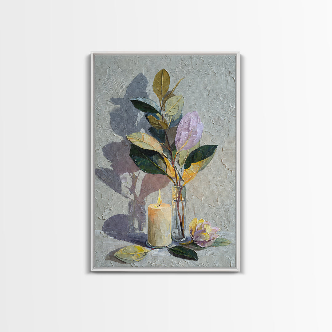Romantic Candle and Floral Still Life Framed Canvas Print, Wedding Art, Gallery Decor, Living Room Decor, Oil Painting, Romance, WED-2x3-30
