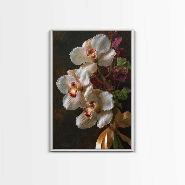 White Orchid and Gold Ribbon Composition Canvas Print, Wedding Art, Downloadable Art, Living Room Decor, Fine Art, Romance, WED-2x3-32