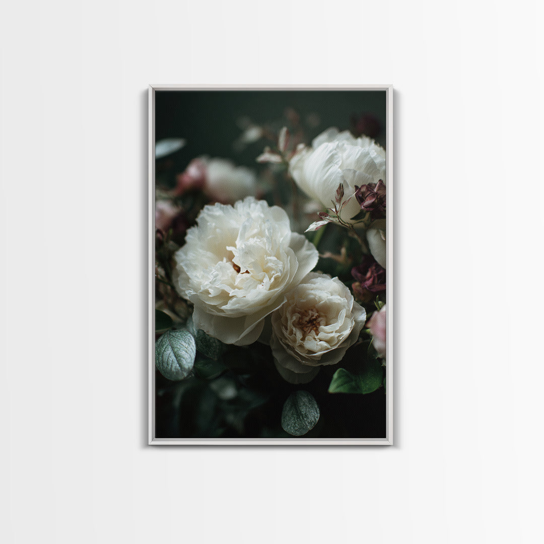 Romantic Bouquet of White Roses and Peonies Framed Canvas Print, Wedding Art, Art, Living Room Decor, Watercolor Art, Romance, WED-2x3-33