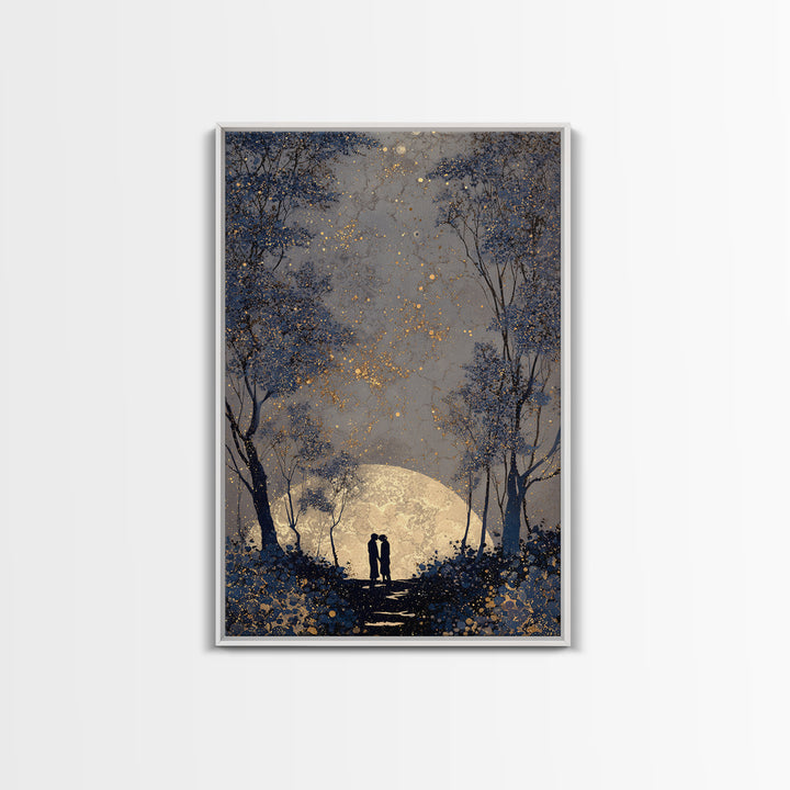 Couple Silhouette Beneath Moonlit Trees Framed Canvas Print, Wedding Art, Room Decor, Living Room Decor, Fine Art, Romance, WED-2x3-37