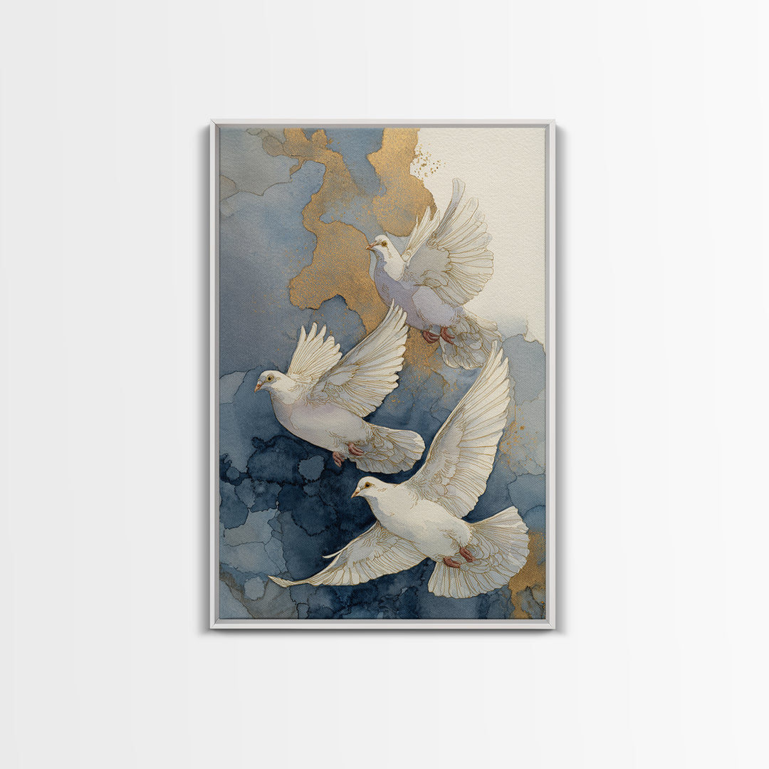Doves Flying Through Soft Golden Light Framed Canvas Print, Wedding Art, Wall Decor, Living Room Decor, Fine Art, Romance, WED-2x3-43