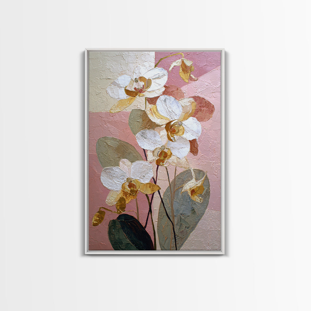 White Orchid and Gold Ribbon Composition Framed Canvas Print, Wedding Art, Wedding Reception, Living Room Decor, Abstract Art, WED-2x3-56