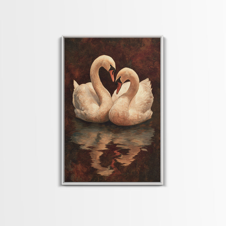 Two Swans Forming a Heart on Dark Canvas Print, Wedding Art, Contemporary Art, Living Room Decor, Fine Art, Romance, Custom Art, WED-2x3-58
