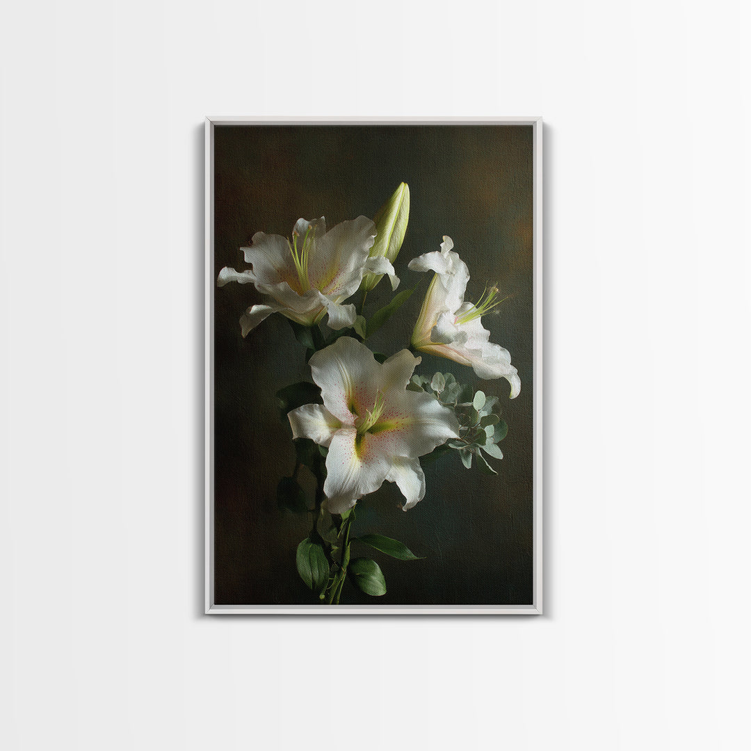 White Lilies and Eucalyptus Arrangement Canvas Print, Wedding Art, Wedding Gift, Living Room Decor, Fine Art, Romance, WED-2x3-65