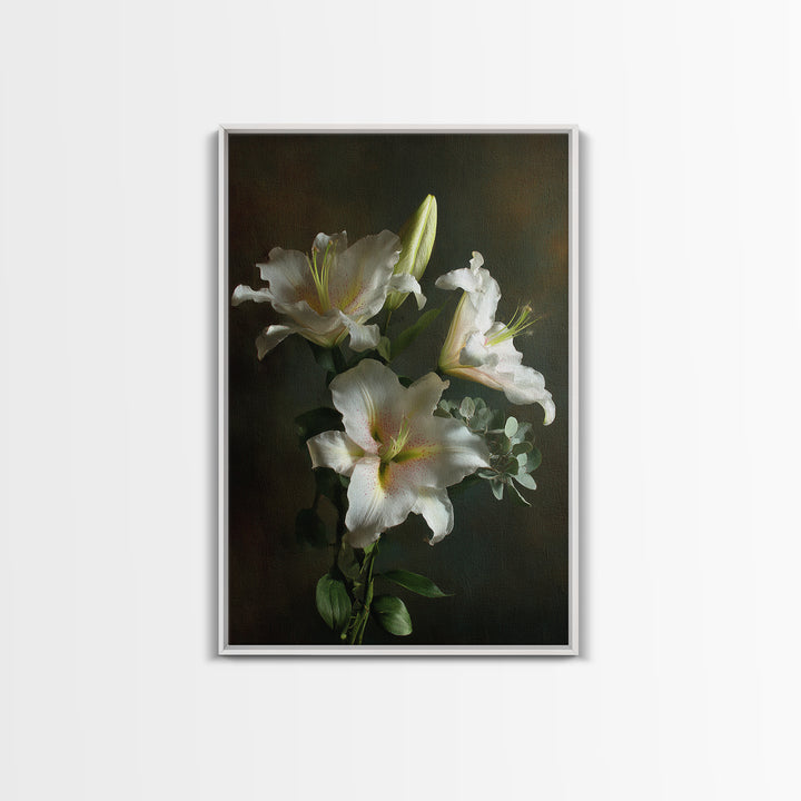 White Lilies and Eucalyptus Arrangement Canvas Print, Wedding Art, Wedding Gift, Living Room Decor, Fine Art, Romance, WED-2x3-65