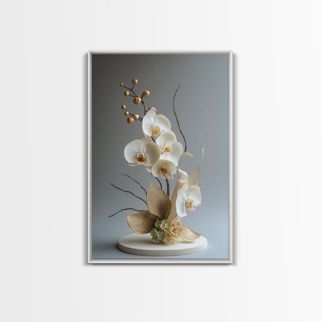 White Orchid and Gold Ribbon Composition Framed Canvas Print, Wedding Art, Custom Art, Living Room Decor, Oil Painting, Romance, WED-2x3-8