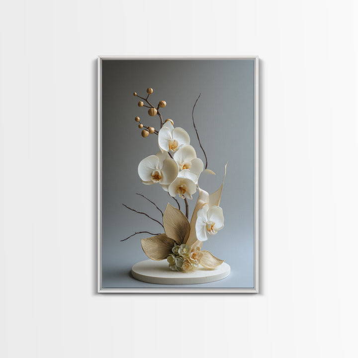 White Orchid and Gold Ribbon Composition Framed Canvas Print, Wedding Art, Custom Art, Living Room Decor, Oil Painting, Romance, WED-2x3-8