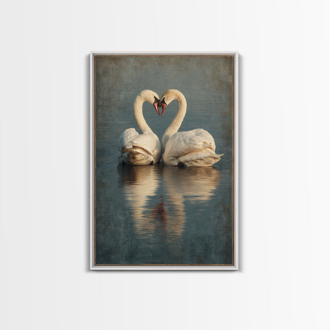 Two Swans Forming a Heart on Dark Canvas Print, Wedding Art, Contemporary Art, Living Room Decor, Fine Art, Romance, Custom Art, WED-2x3-82