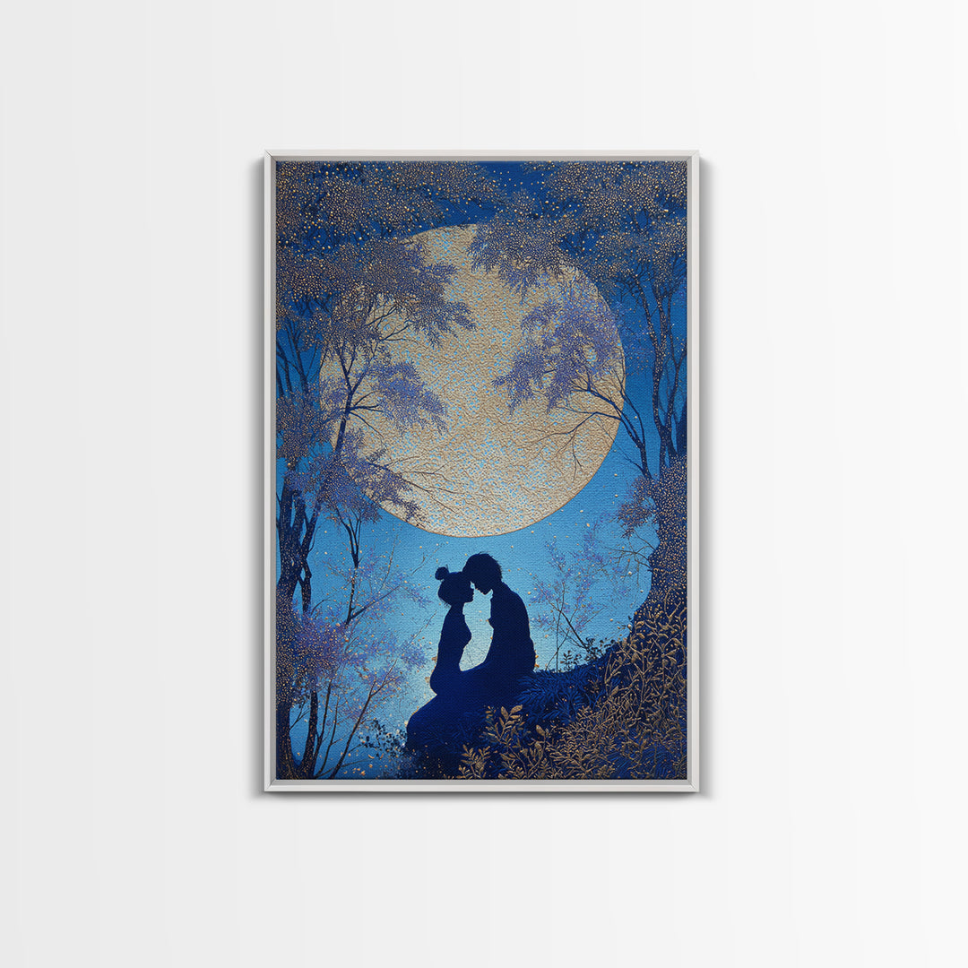 Couple Silhouette Beneath Moonlit Trees Framed Canvas Print, Wedding Art, Wedding Sign, Living Room Decor, Fine Art, Romance, WED-2x3-85