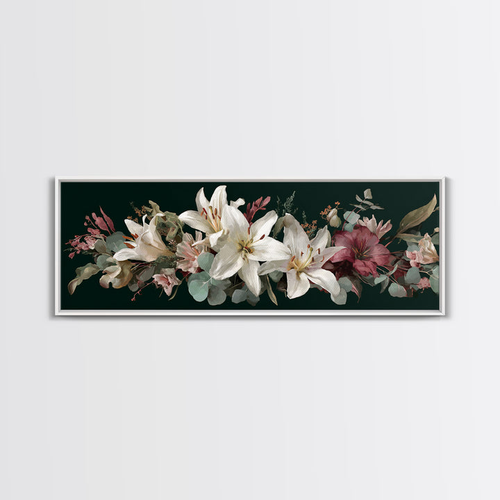 White Lilies and Eucalyptus Arrangement Framed Canvas Print, Wedding Art, Wedding Sign, Living Room Decor, Fine Art, Romance, WED-3x1-1