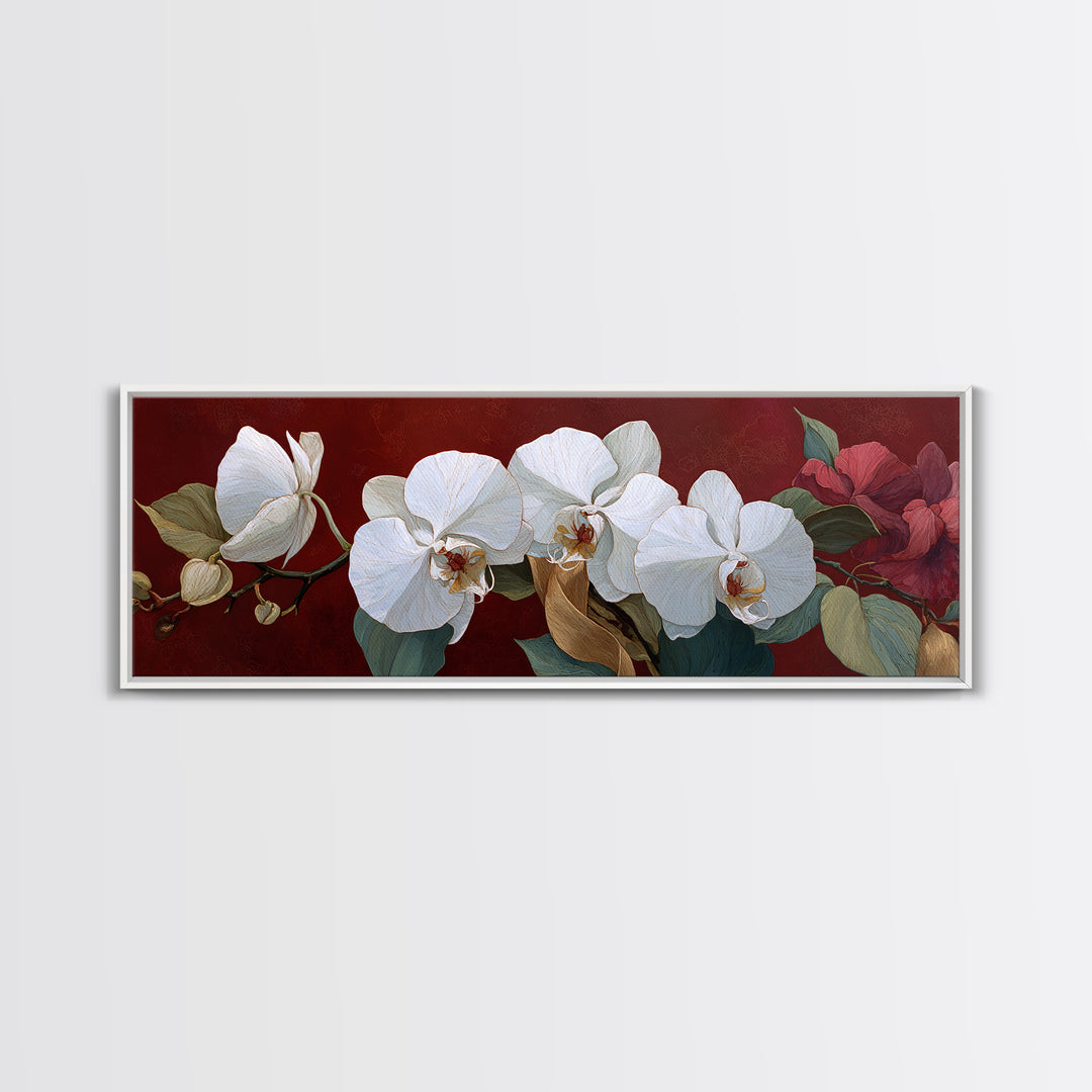 White Orchid and Gold Ribbon Composition Canvas Print, Wedding Art, Rustic Wedding, Living Room Decor, Fine Art, Romance, WED-3x1-16
