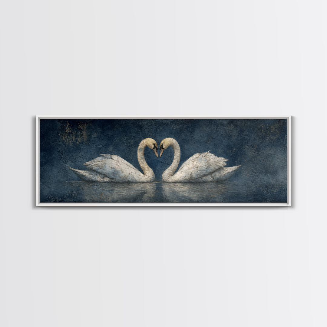 Two Swans Forming a Heart on Dark Framed Canvas Print, Wedding Art, Custom Portrait, Living Room Decor, Fine Art, Romance, WED-3x1-18