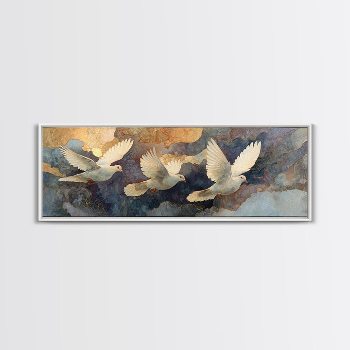 Doves Flying Through Soft Golden Light Framed Canvas Print, Wedding Art, Neutral Decor, Living Room Decor, Fine Art, Romance, WED-3x1-27