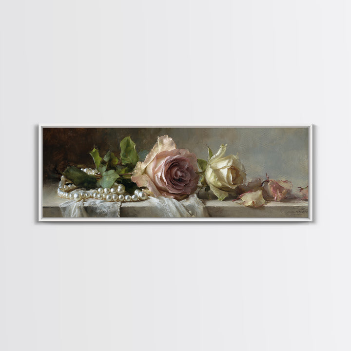 Pearl Necklace and Rose Still Life Framed Canvas Print, Wedding Art, Wedding Painting, Living Room Decor, Oil Painting, Romance, WED-3x1-28