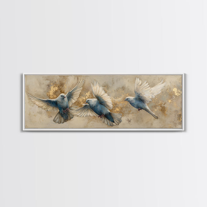 Doves Flying Through Soft Golden Light Canvas Print, Wedding Art, Personalized Wedding, Living Room Decor, Fine Art, Romance, WED-3x1-3