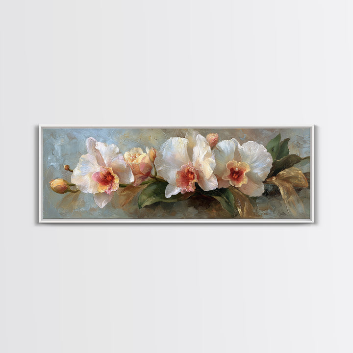 White Orchid and Gold Ribbon Composition Canvas Print, Wedding Art, Wedding Stationery, Living Room Decor, Fine Art, Romance, WED-3x1-40