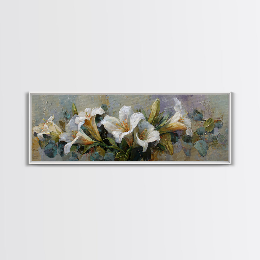 White Lilies and Eucalyptus Arrangement Canvas Print, Wedding Art, Custom Wedding Gift, Living Room Decor, Abstract Art, WED-3x1-49
