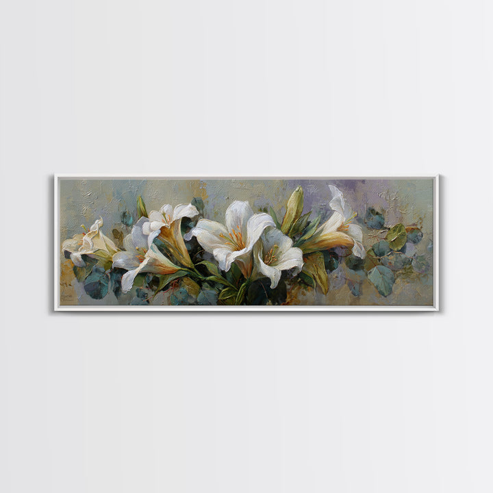White Lilies and Eucalyptus Arrangement Canvas Print, Wedding Art, Custom Wedding Gift, Living Room Decor, Abstract Art, WED-3x1-49