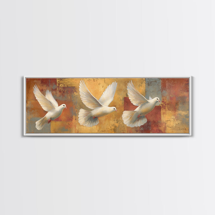Doves Flying Through Soft Golden Light Framed Canvas Print, Wedding Art, Art, Living Room Decor, Romance, Custom Wedding Gift, WED-3x1-51