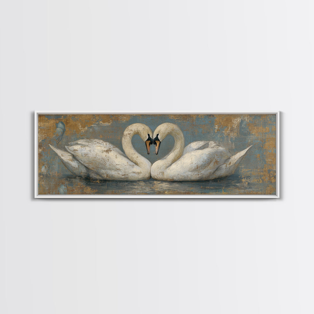 Two Swans Forming a Heart on Dark Canvas Print, Wedding Art, Printable Art, Living Room Decor, Fine Art, Romance, Beach Wedding, WED-3x1-66