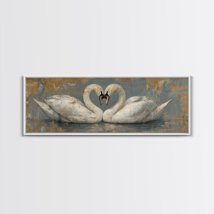 Two Swans Forming a Heart on Dark Canvas Print, Wedding Art, Printable Art, Living Room Decor, Fine Art, Romance, Beach Wedding, WED-3x1-66