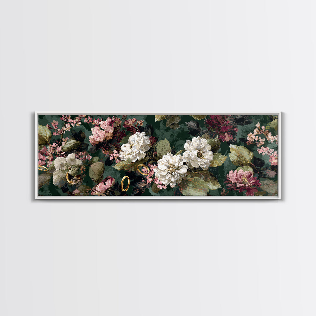 Gold Rings Resting on Velvet and Flowers Framed Canvas Print, Wedding Art, Custom Portrait, Living Room Decor, Romance, WED-3x1-67
