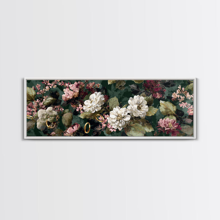 Gold Rings Resting on Velvet and Flowers Framed Canvas Print, Wedding Art, Custom Portrait, Living Room Decor, Romance, WED-3x1-67