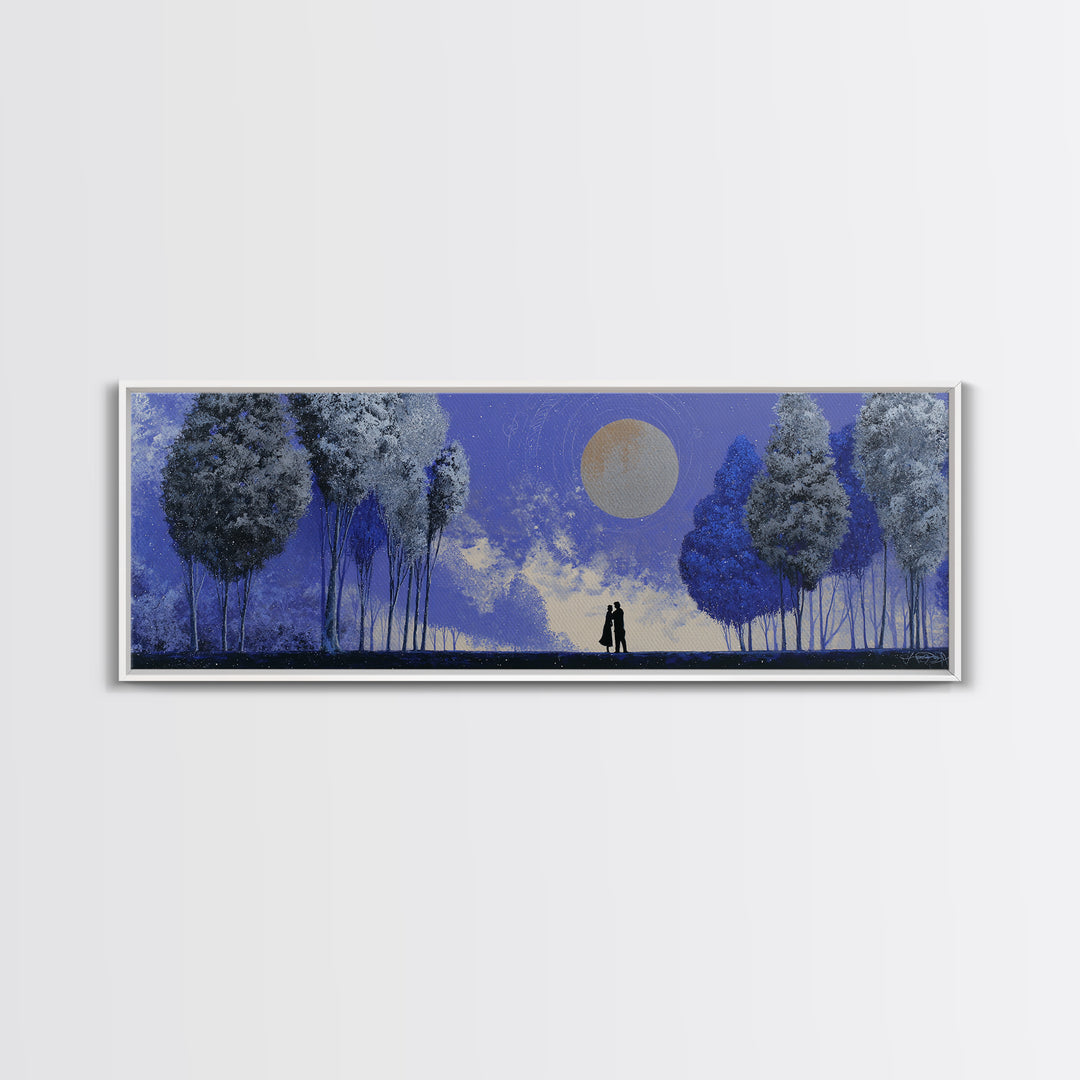 Couple Silhouette Beneath Moonlit Trees Framed Canvas Print, Wedding Art, Downloadable Art, Living Room Decor, Romance, WED-3x1-69