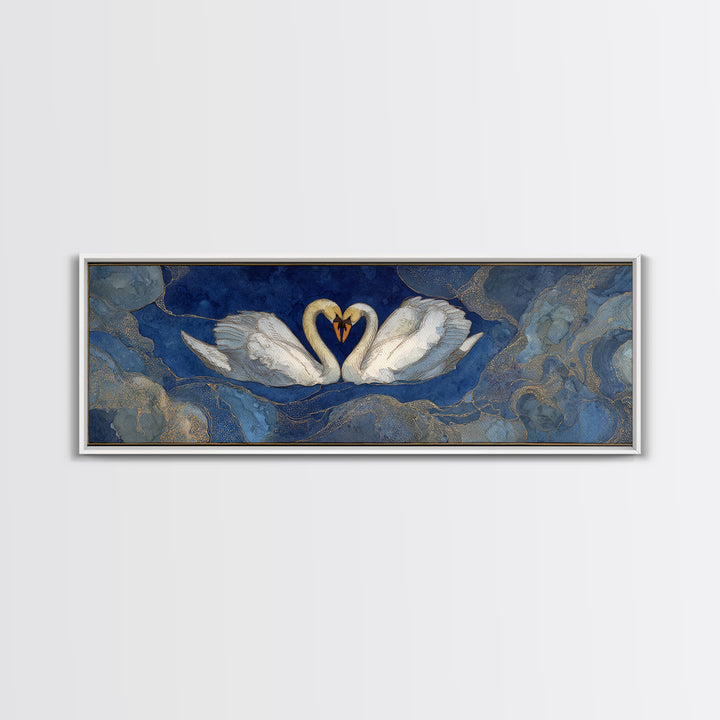 Two Swans Forming a Heart on Dark Framed Canvas Print, Wedding Art, Jewish Art, Living Room Decor, Fine Art, Romance, WED-3x1-90