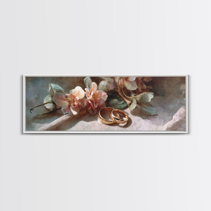 Gold Rings Resting on Velvet and Flowers Canvas Print, Wedding Art, Wedding Stationery, Living Room Decor, Fine Art, Romance, WED-3x1-91