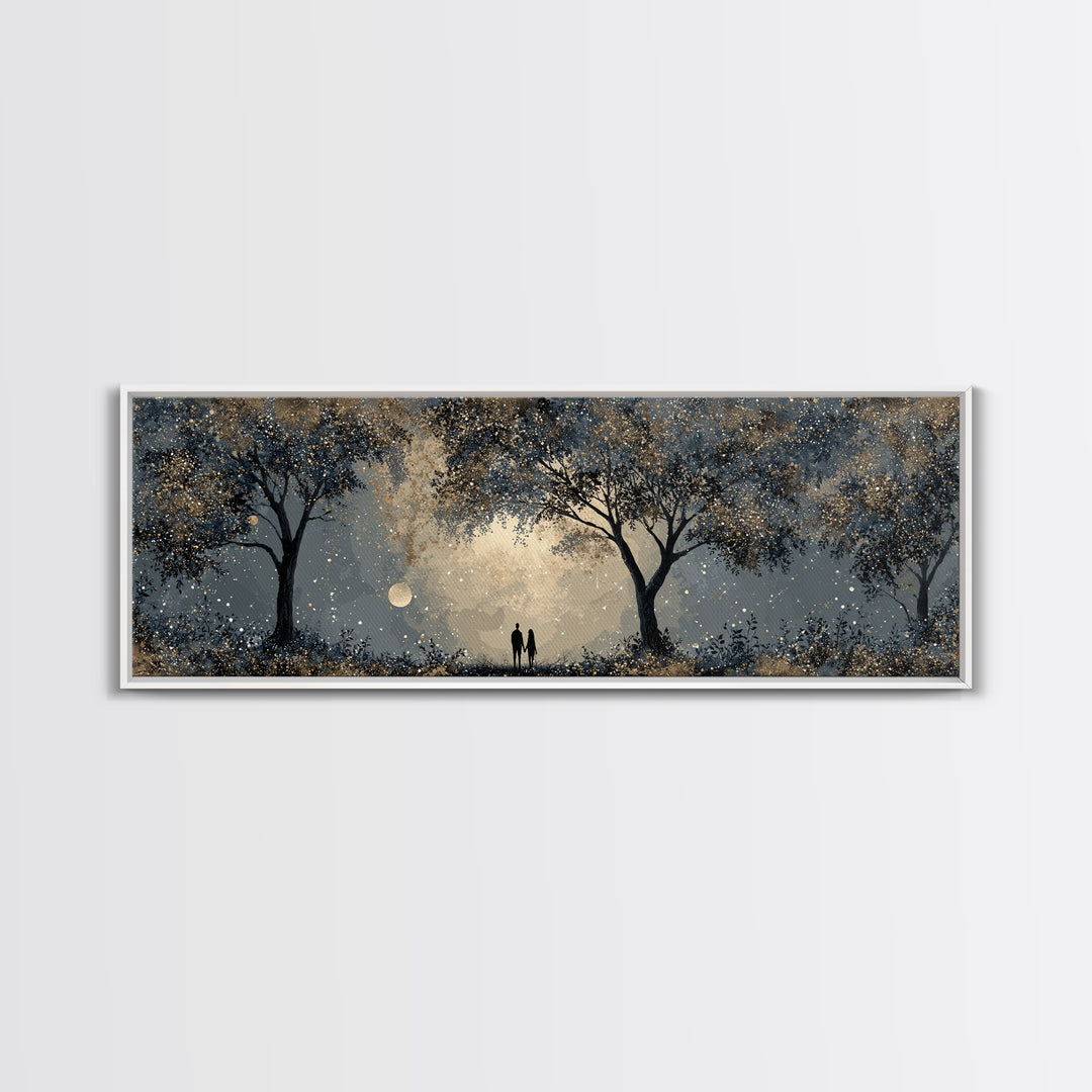 Couple Silhouette Beneath Moonlit Trees Canvas Print, Wedding Art, Wedding Reception, Living Room Decor, Fine Art, Romance, WED-3x1-93